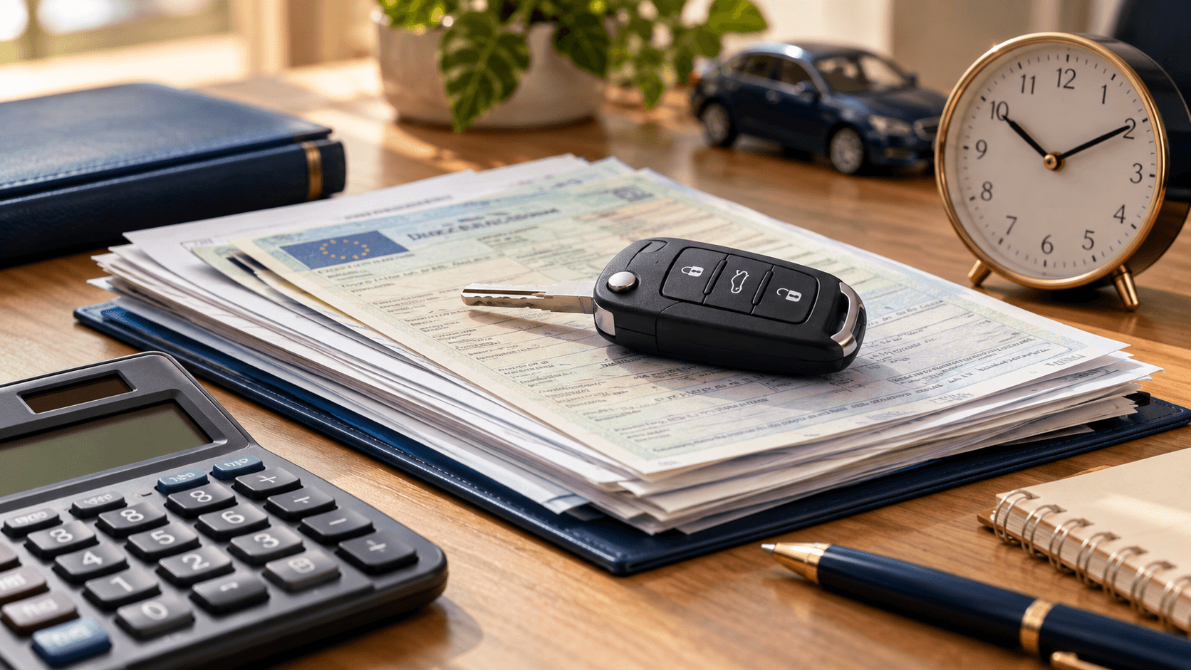 Acte auto, cheie, calculator și ceas pe un birou