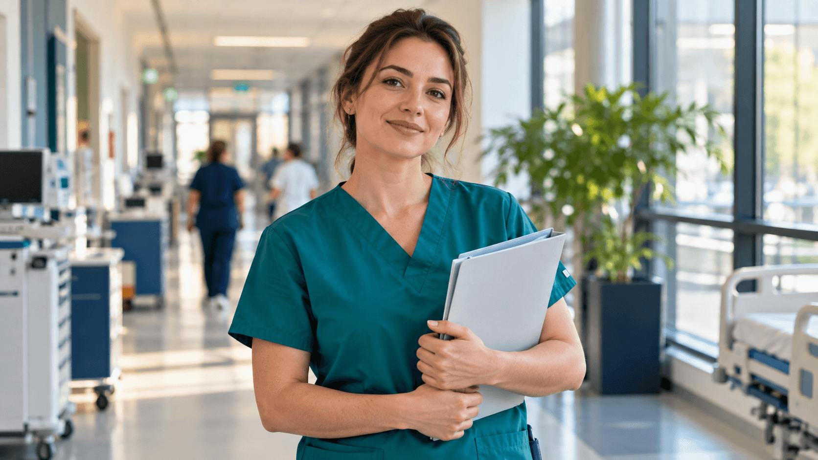 Asistentă medicală cu un dosar de documente într-un spital